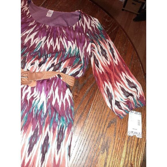 New Juniors Jr Size Medium Bongo Daytime Multi Chevon Rust Teal Belted Dress NWT - Picture 2 of 6